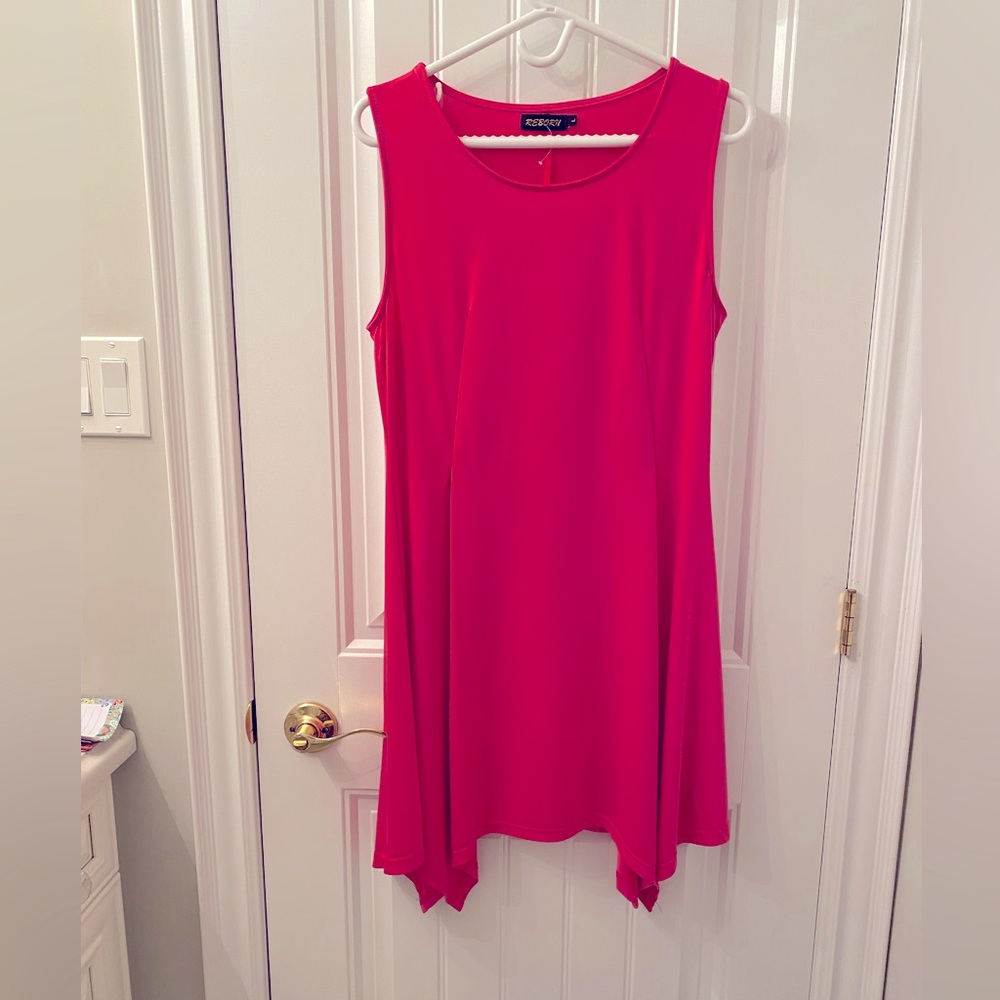 NWOT Reborn Size Large Sleeveless, Flowing Fuchsia Dress with Uneven Hem